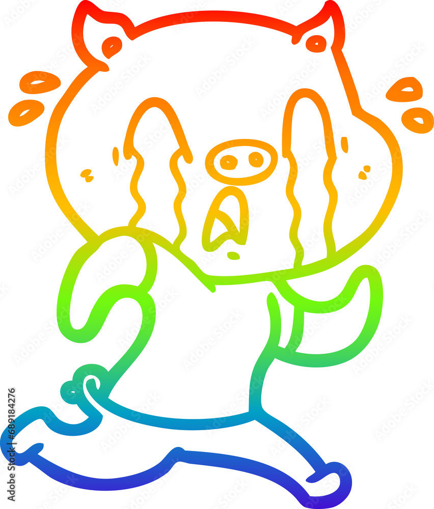 Fototapeta premium rainbow gradient line drawing of a crying pig cartoon