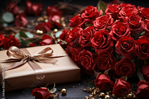 Bouquet of red roses and gift box on wooden background.