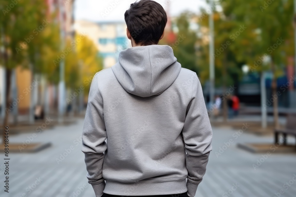 Man In Grey Hoodie On The Street, Back View, Mockup Man In Grey Hoodie On The Street, Back View, Mockup