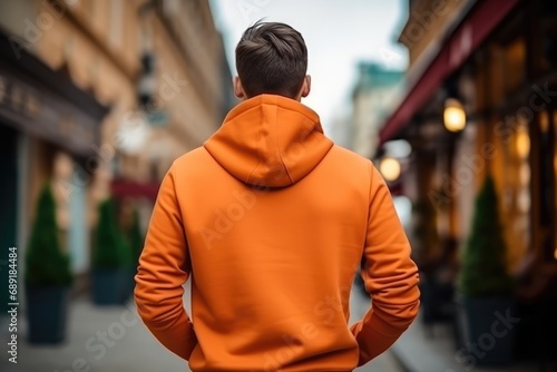 Man In Orange Hoodie On The Street  Back View  Mockup