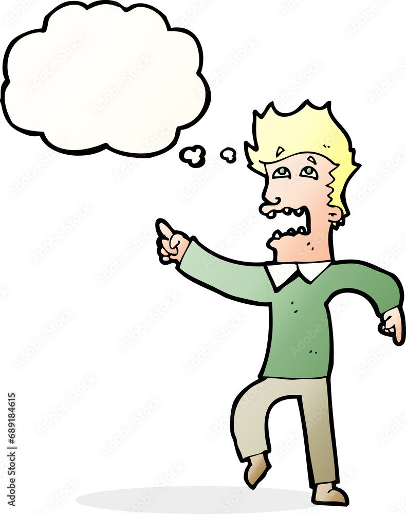 cartoon frightened man pointing with thought bubble