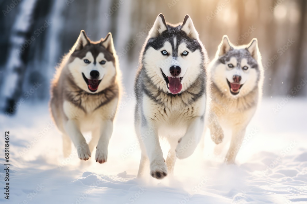 Obraz premium Pack Of Husky Dogs Running In A Snowy Winter Landscape. Сoncept Winter Wonderland, Husky Squad, Snowy Adventure, Dynamic Dog Pack, Arctic Expedition
