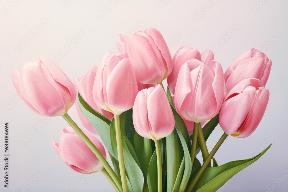 Pastel Pink Background With Bouquet Of Pink Tulip Flowers Photorealism Pastel Pink Background With Bouquet Of Pink Tulip Flowers Photorealism