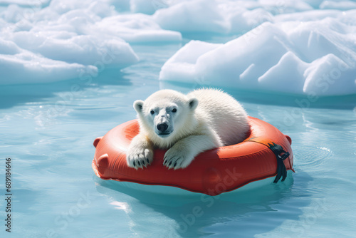 Melting Snows Surround A Polar Bear On A Lifebuoy, Highlighting Climate Change