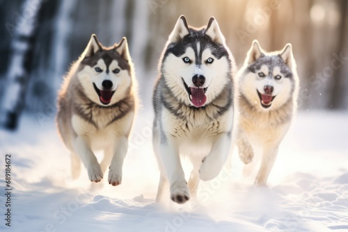 Pack Of Husky Dogs Running In A Snowy Winter Landscape.   oncept Winter Wonderland  Husky Squad  Snowy Adventure  Dynamic Dog Pack  Arctic Expedition