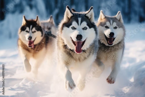 Pack Of Husky Dogs Running In A Snowy Winter Landscape