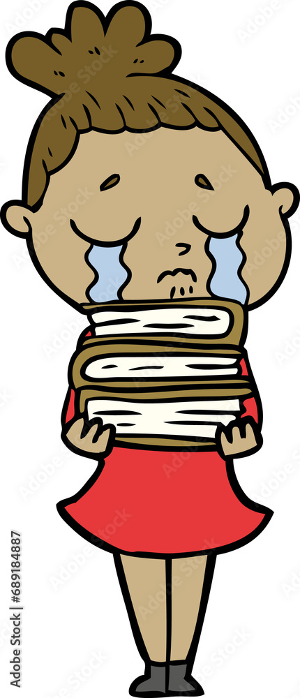 cartoon crying woman with stack of books cartoon crying woman with stack of books