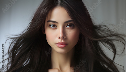 Close-up photo of Asian woman's face, youthful and beautiful,generative ai