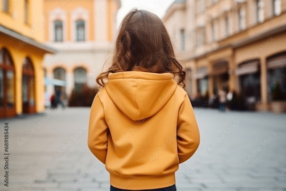 The Little Girl In Gold Hoodie On The Street, Back View, Mockup The Little Girl In Gold Hoodie On The Street, Back View, Mockup