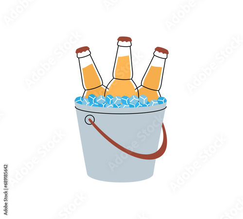 Beer bottles in a ice bucket. Beer pub product. Brewing process, brewery factory production element. Vector illustration.