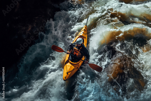 Top View Of Kayak Sailing On Mountain River Extreme Spor Photorealism © Anastasiia