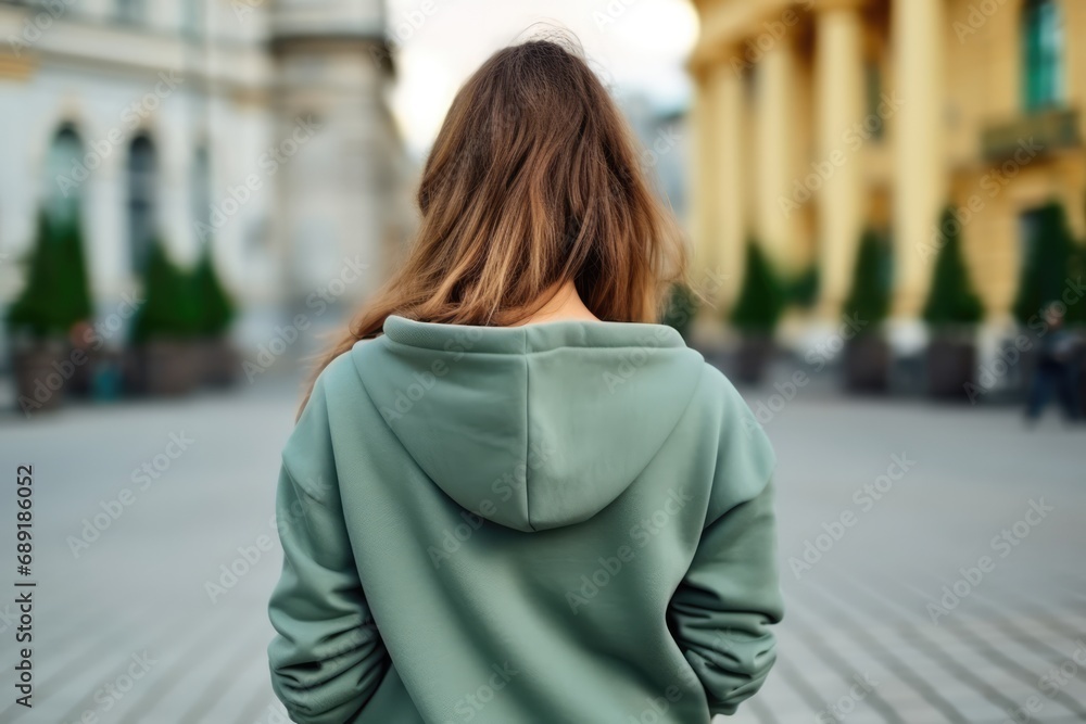 Woman In Green Hoodie On The Street, Back View, Mockup Woman In Green Hoodie On The Street, Back View, Mockup