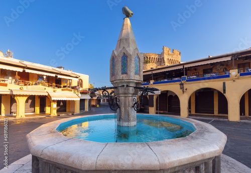 Hippocrates Square and Sintrivan Fountain in Rhodes early in the morning photo