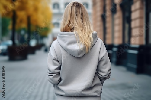 Woman In Light Gray Hoodie On The Street, Back View, Mockup
