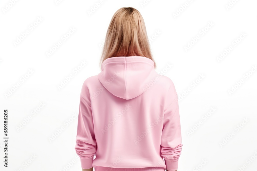 Woman In Pink Hoodie On White Background, Back View, Mockup Woman In Pink Hoodie On White Background, Back View, Mockup