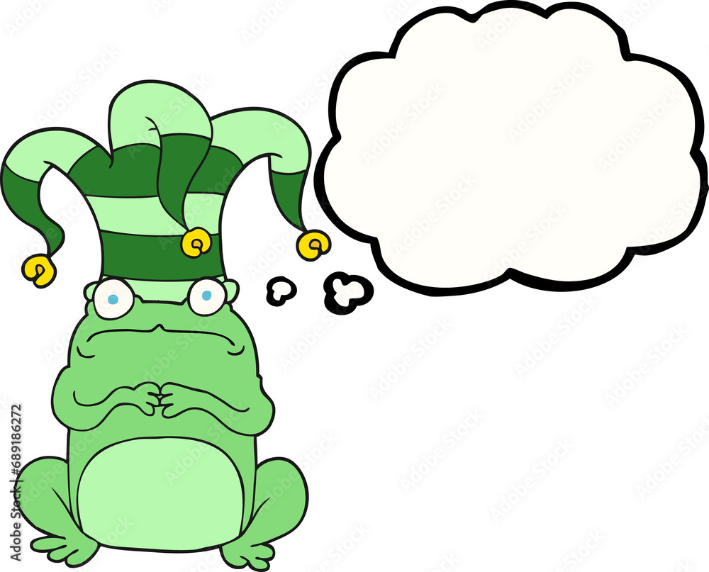 freehand drawn thought bubble cartoon frog wearing jester hat freehand drawn thought bubble cartoon frog wearing jester hat