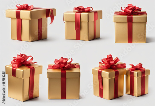 golden gift box set with red ribbon from side, front and top view. open and closed. isolated on white background.