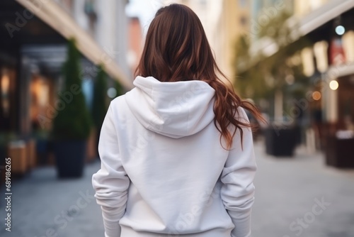 Woman In White Hoodie On The Street, Back View, Mockup photo