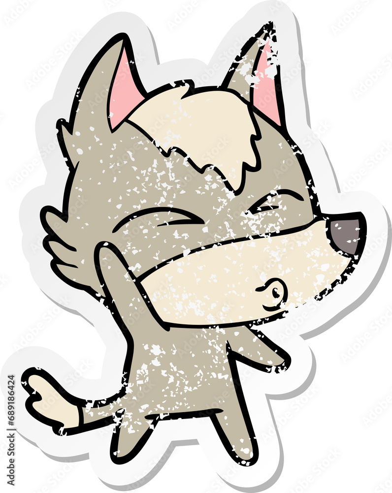 distressed sticker of a cartoon waving wolf whistling distressed sticker of a cartoon waving wolf whistling