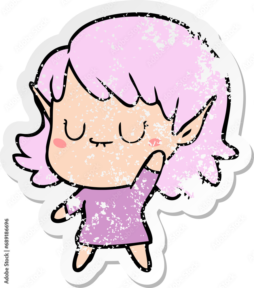 distressed sticker of a happy cartoon elf girl distressed sticker of a happy cartoon elf girl