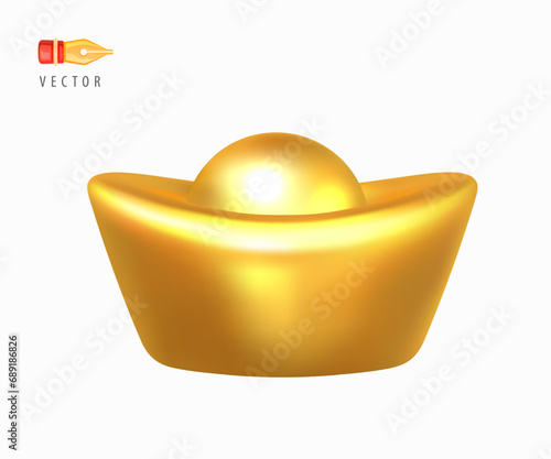 Yuan Bao Chinese Gold Currency. Traditional gift decoration for the Chinese New Year. Imperial Golden Ingot YuanBao. Realistic 3d design element isolated on white background. 3D render vector
