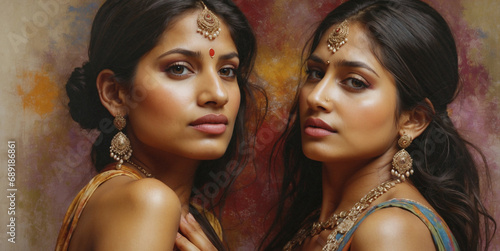 Indian Lesbian Romance. Two beautiful Indian woman sensitively portrayed looking at camera. Embracing diversity, Bollywood.