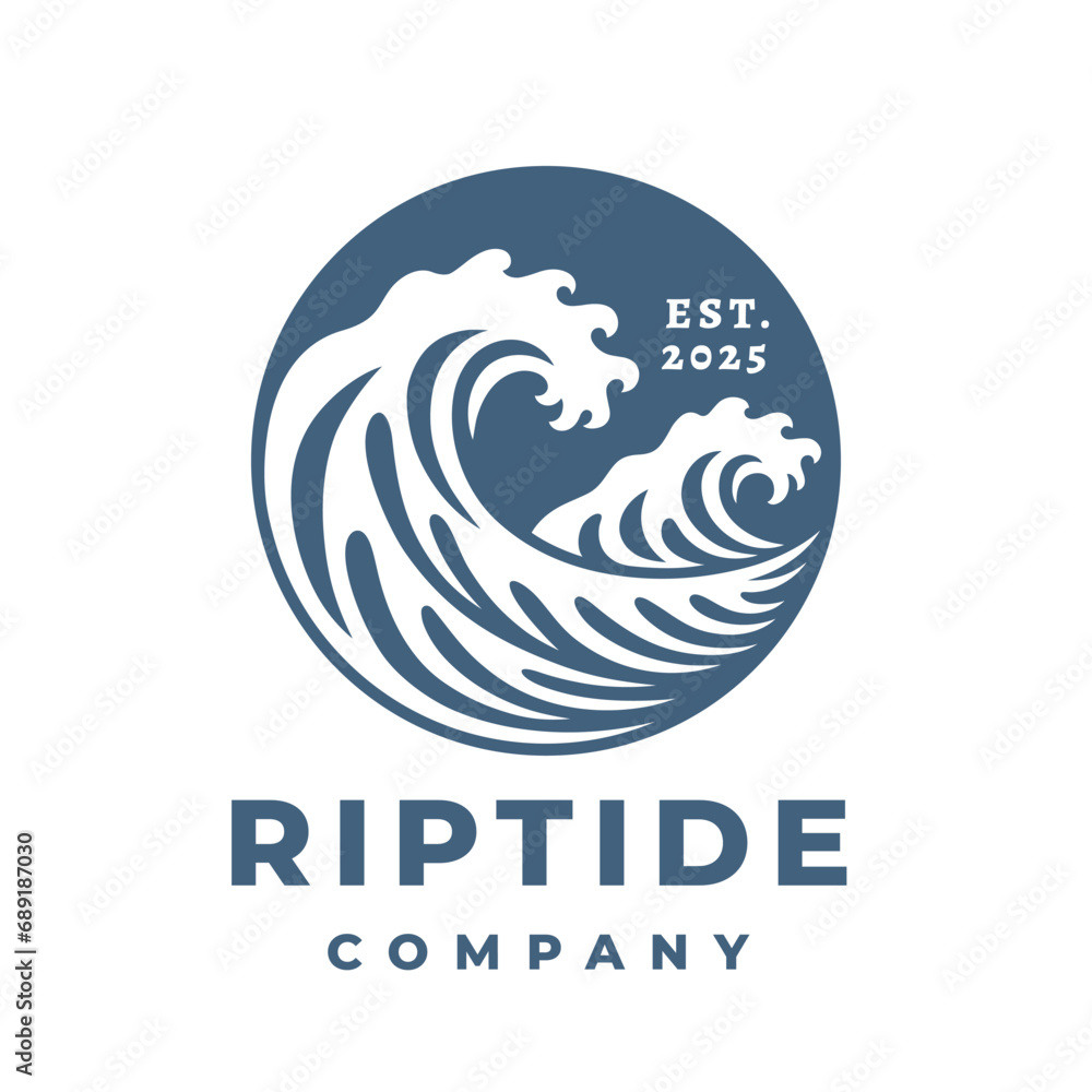 Breaking wave logo. Tidal riptide surfing icon. Crashing coastal surf emblem. Ocean marine sea water nature vector illustration. Breaking wave logo. Tidal riptide surfing icon. Crashing coastal surf emblem. Ocean marine sea water nature vector illustration.