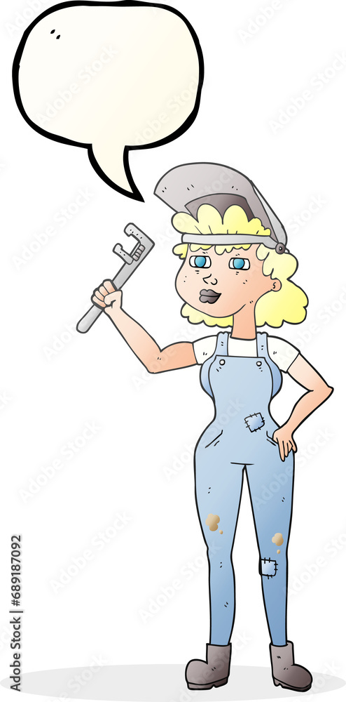 freehand drawn speech bubble cartoon capable woman with wrench