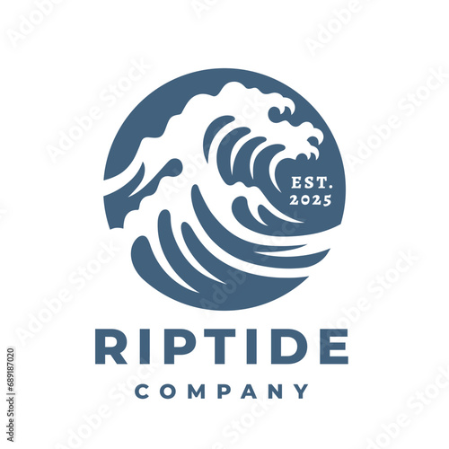 Breaking wave logo. Tidal riptide surfing icon. Crashing coastal surf emblem. Ocean marine sea water nature vector illustration.