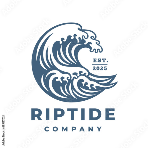 Breaking wave logo. Tidal riptide surfing icon. Crashing coastal surf emblem. Ocean marine sea water nature vector illustration.