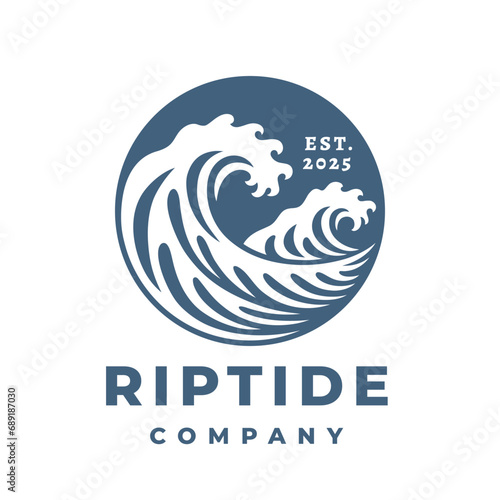 Breaking wave logo. Tidal riptide surfing icon. Crashing coastal surf emblem. Ocean marine sea water nature vector illustration.