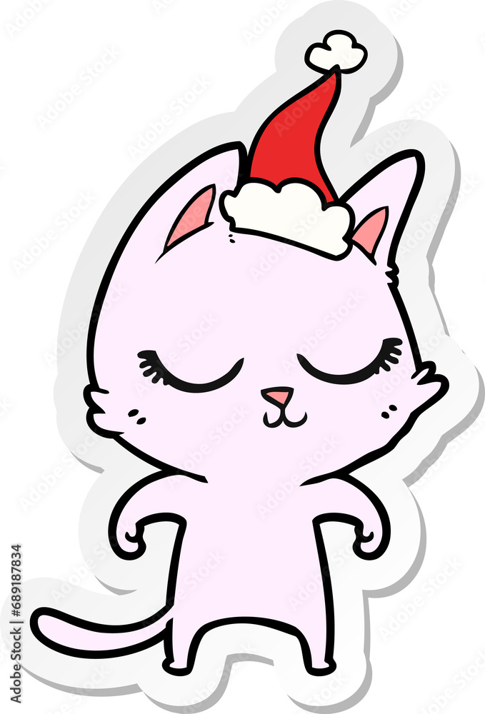 calm hand drawn sticker cartoon of a cat wearing santa hat calm hand drawn sticker cartoon of a cat wearing santa hat