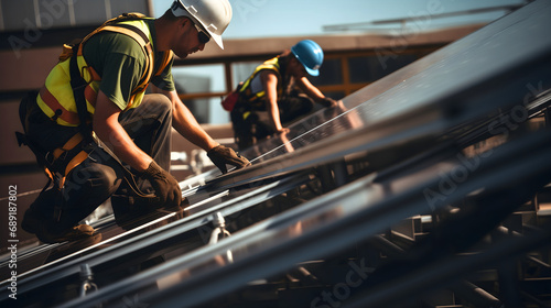 Two skilled workers or craftsmen wearing working uniforms and helmets, technicians are installing solar panels on a rooftop of a house for clean energy and electricity supply in a home