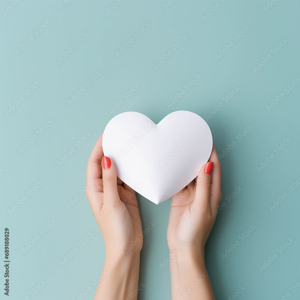Woman hands holding white paper heart shape, Paper note for Happiness moment, Health care, Birthday card, Anniversary, Donate, Hope, Kindness, Valentine's day concept, Generative AI.