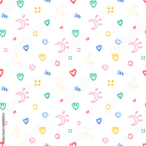 Hand drawn quirky doodles, naive childish sketch drawing scribbles seamless pattern. Colorful creative various shapes elements wallpaper. Creative repeatable background © Liia Lonn