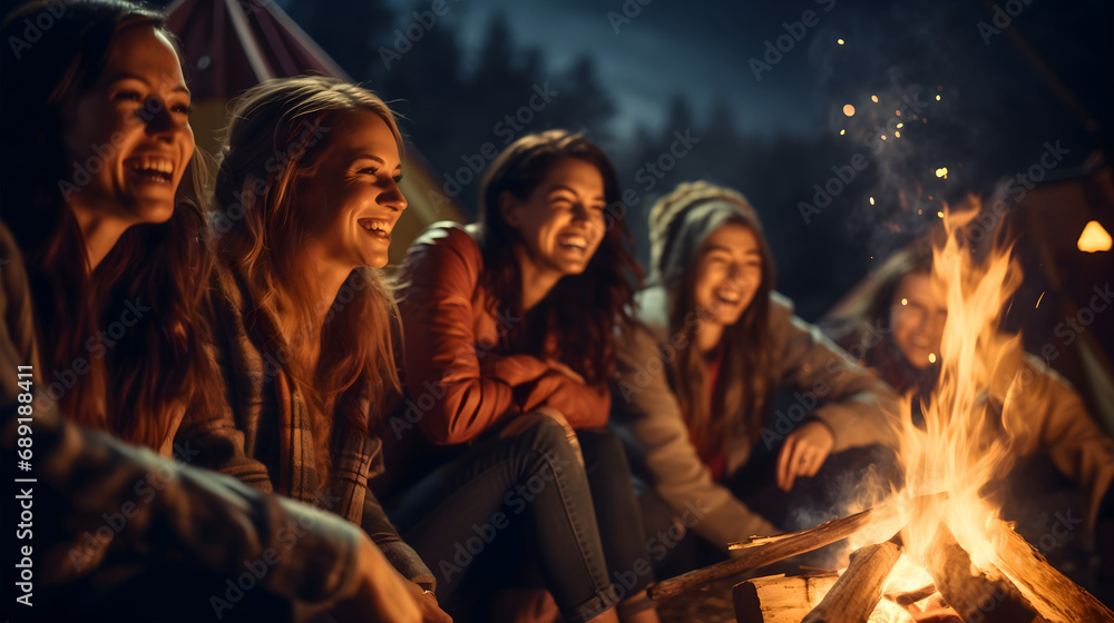 Group of young female friends sitting around the campfire at night, beautiful girls camping in the wilderness, laughing and having a good time in the forest nature under the starry sky