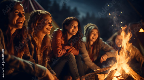 Group of young female friends sitting around the campfire at night, beautiful girls camping in the wilderness, laughing and having a good time in the forest nature under the starry sky