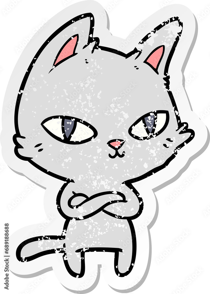 distressed sticker of a cartoon cat staring