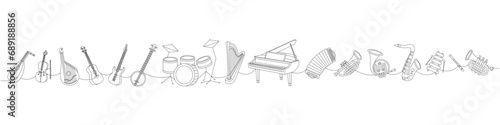 Set of musical instruments. Lute, violin, bandura, acoustic guitar, electric bass guitar, american banjo, drum kit, lyre, wooden harp, grand piano.