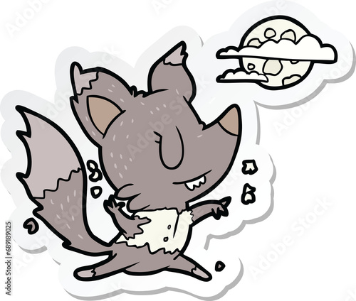 sticker of a cartoon werewolf changing in moonlight