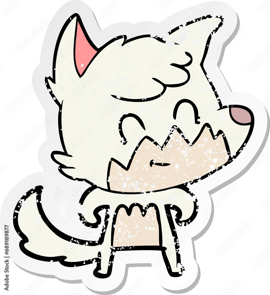 distressed sticker of a cartoon friendly fox distressed sticker of a cartoon friendly fox