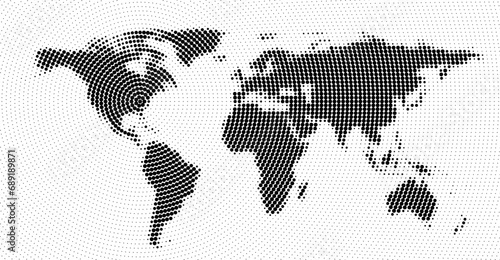 World map blurred rotation halftone. Made for world news and articles. Black circles on white background.