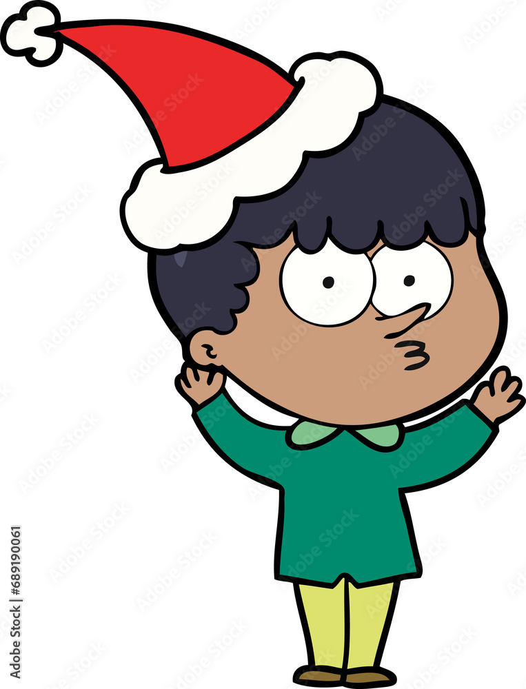hand drawn line drawing of a curious boy wearing santa hat hand drawn line drawing of a curious boy wearing santa hat