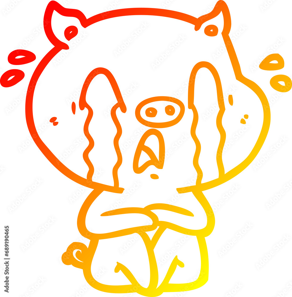 warm gradient line drawing of a crying pig cartoon