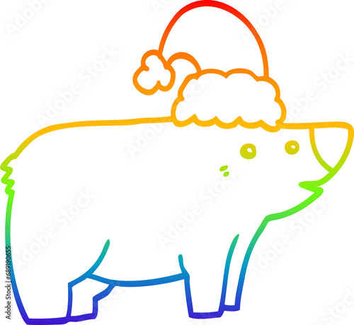 Fototapeta Naklejka Na Ścianę i Meble -  rainbow gradient line drawing of a cartoon bear wearing christmas hat