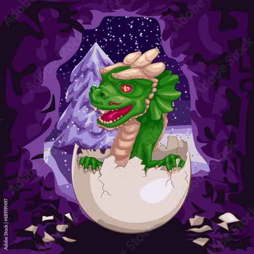 Green wooden dragon hatched from an egg in cave. 
Vector illustration of dragon baby crawls out of an egg in cave. Outside cave snowing and snow-covered spruce. Little dragon with paws, small horns