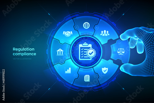 Fototapeta Naklejka Na Ścianę i Meble -  Regulation Compliance financial control technology concept. Compliance rules. Law regulation policy. Wireframe hand places an element into a composition visualizing Reg Tech. Vector illustration.