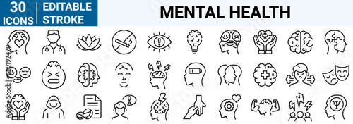 set of 30 line web icons Mental health. Containing depression, bipolar, panic, Psychology solid symbol. Editable stroke.