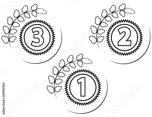 Winner trophy with award laurel wreath. Leaves victory frame. Floral branch border.