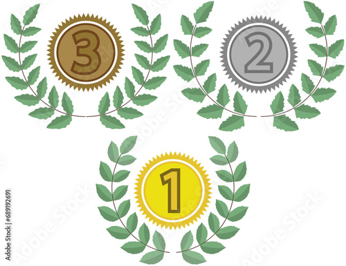 Winner trophy with award laurel wreath. Leaves victory frame. Floral branch border.